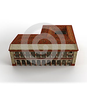 3D render of a large brick building with red terracotta roof and columns on the white background