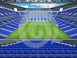 3D render of a large capacity soccer football Stadium with blue chairs
