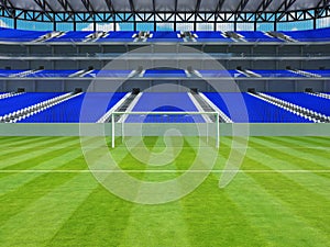 3D render of a large capacity soccer football Stadium with blue chairs