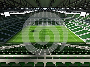 3D render of a large capacity soccer - football Stadium with an open roof and green seats