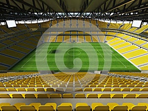 3D render of a large capacity soccer-football Stadium with an open roof and yellow seats