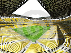 3D render of a large capacity soccer-football Stadium with an open roof and yellow seats