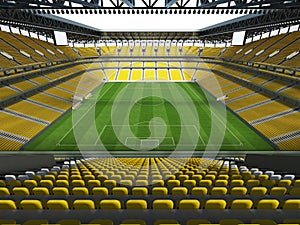 3D render of a large capacity soccer - football Stadium with an open roof and yellow seats