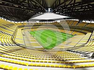 3D render of a large capacity soccer - football Stadium with an open roof and yellow seats