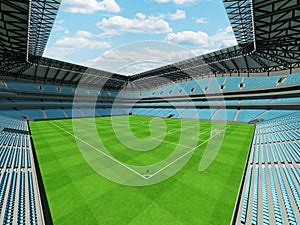 3D render of a large capacity soccer football Stadium with sky blue chairs