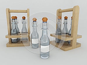 3D render of liquid in glass bottles with labels on white background