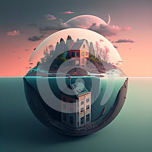 3d render of a little planet with a house in the middle