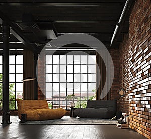 3d render of a Livingroom with red brick wall