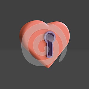 3D render love lock, heart shape 3d with lock hole