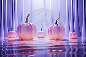 3d render luminance neon light pumpkins in pastel purple room