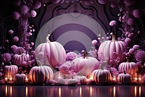 3d render luminance neon light pumpkins in pastel purple room