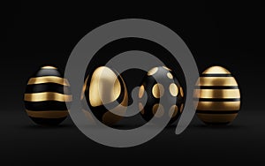 3d render luxury golden easter egg in row on dark background. Elegant painted black Easter eggs with golden shiny paint. Modern