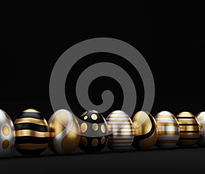 3d render luxury golden easter egg in row on dark background. Elegant painted black Easter eggs with golden shiny paint. Modern