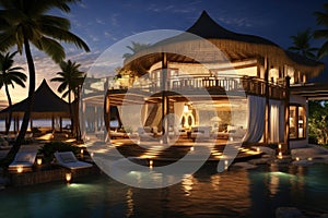 3d render of a luxury villa with swimming pool at night, Luxury beach resort, AI Generated