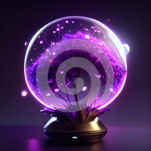 3d render of magic crystal ball with purple tree inside. Futuristic concept Generative AI