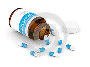 3d render of magnesium pills in bottle over white