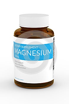 3d render of magnesium pills in bottle over white