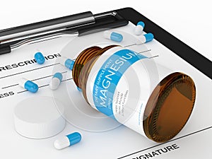3d render of magnesium pills in bottle with prescription
