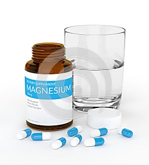 3d render of magnesium pills in bottle with water
