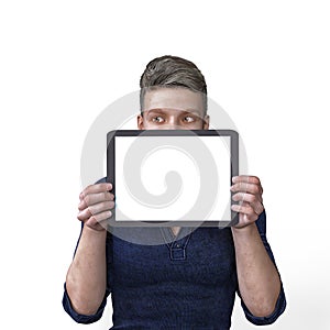 3D render of a male holding a blank tablet for content and looking right