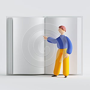 3d render man cartoon character standing in front of big open book. Blank mockup with copy space.