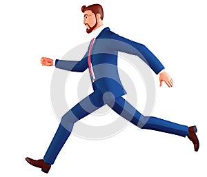 3d render. Man in glasses wearing a blue suit runs. Businessman cartoon character in a hurry, simply business career