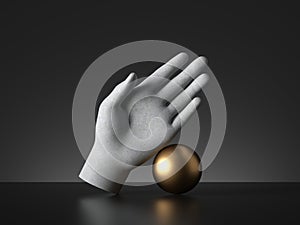 3d render, mannequin hand and golden ball, palmistry metaphor, isolated on black background, modern minimal concept.