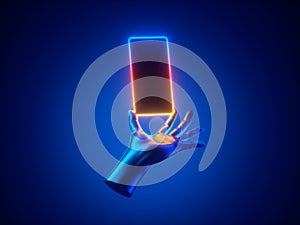 3d render mannequin hand hold smart phone gadget in vertical position, illuminated with neon light. Electronic device isolated