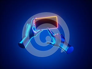 3d render mannequin hands hold smart phone gadget illuminated with neon light. Electronic device isolated on blue background.