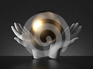 3d render mannequin hands holding golden ball, magical trick, palmistry metaphor, isolated on black background.
