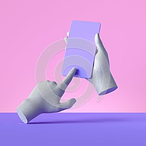 3d render mannequin hands holding smart phone gadget, electronic device concept, isolated on pink violet background