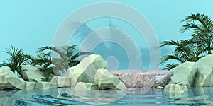 3D render marble stand on water reflection for premium product  nature green leaf