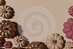 3d render of mauve, beige and brown pumpkins border on a beige background