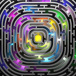 3D render maze with multi-colored illumination, top view