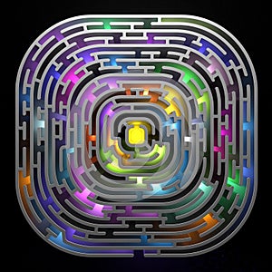 3D render maze with multi-colored illumination, top view.