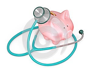 3D render of medical stethoscope and piggy bank