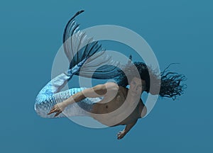 3D render : a merman creature is swimming in the deep  blue sea