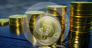 3d render of metallic bitcoin with rising columns of coins in background.