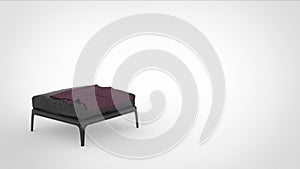 3d render of a metallic quadruped sitting stool with leather matttress and a cloth on top and space for text