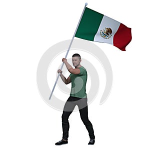 3D Render : a Mexican man is holding and waving the Mexico Country flag to cerebrate an important event