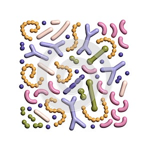 3d render Microbiome square composition. Probiotic bacteria background with lactobacillus, bifidobacteria, acidophilus