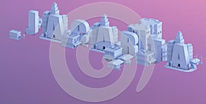 3d render of a mini city, typography 3d of the name jacarta