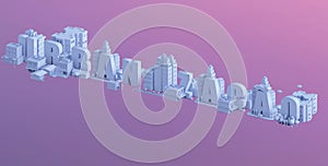 3d render of a mini city, typography 3d of the name urbanizacao