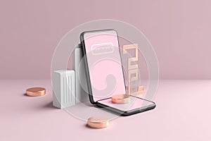 3d render Minimal mini mobile phone or smartphone with credit cards. Money concepts financial planning.Generative AI.