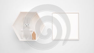 3D render of a mirror and a decorative shelf with a toy on a white wall