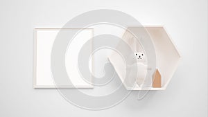 3D render of a mirror and a decorative shelf with a toy on a white wall