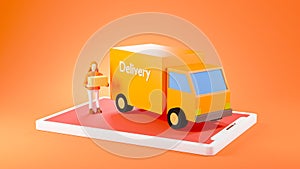 3D render of mobile and a car to deliver parcels to women. Business online mobile and e-commerce on web shopping concept. Secure