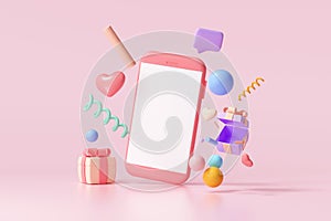 3D render mobile phone with blank screen and floating gift, heart, ribbon and geometric shapes on pink background