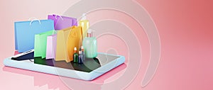 3D render of mobile and products. Shopping online and e-commerce on web business concept. Secure online payment transaction with