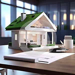 3d render model of a small living house on a table in a real estate agency. generative AI